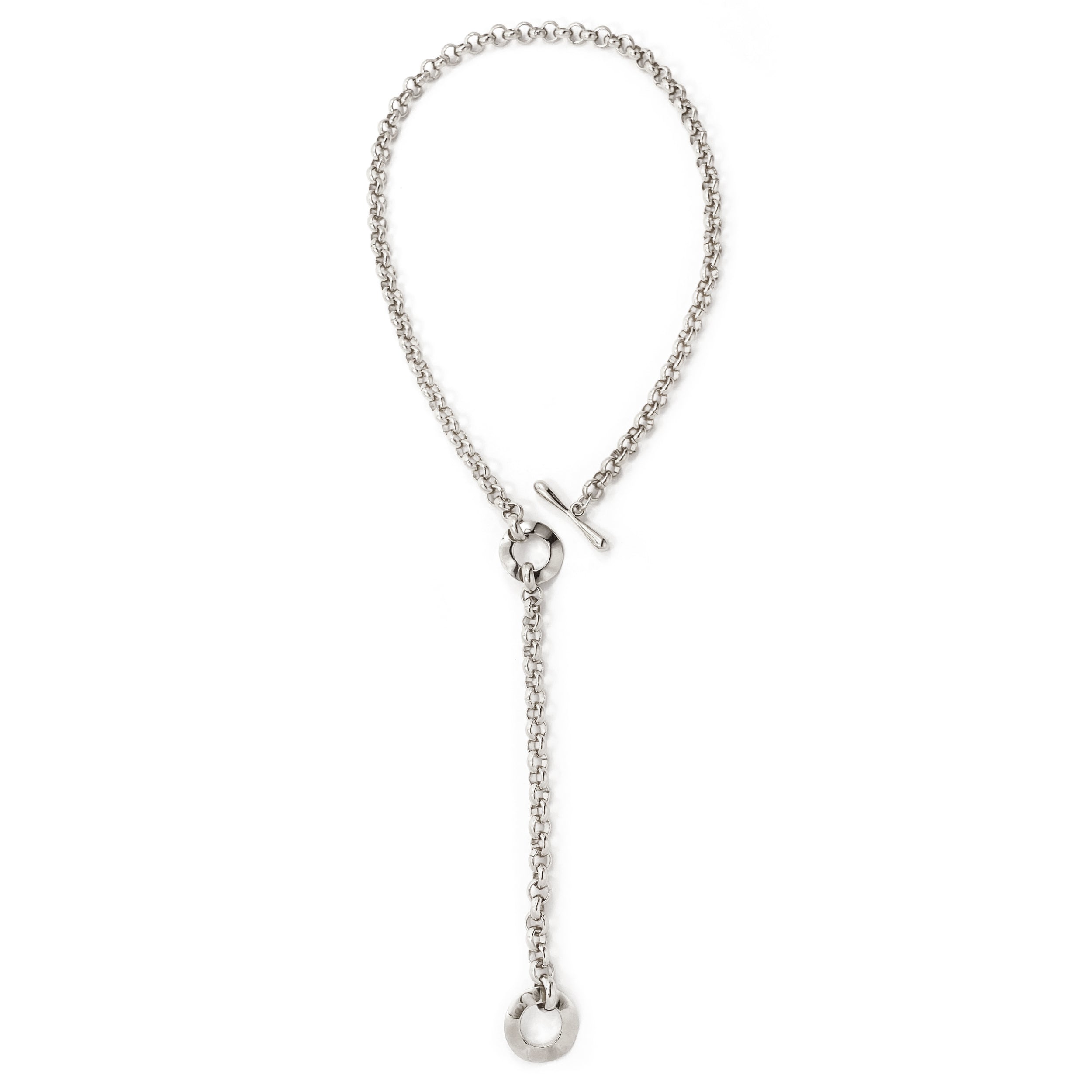 Silver convertible lariat necklace with long chain and small toggle clasp