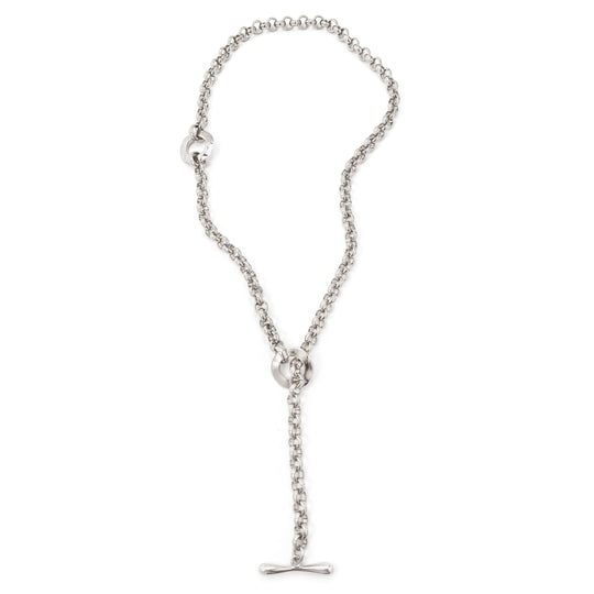 Silver chain lariat necklace with toggle clasp laid flat on white background