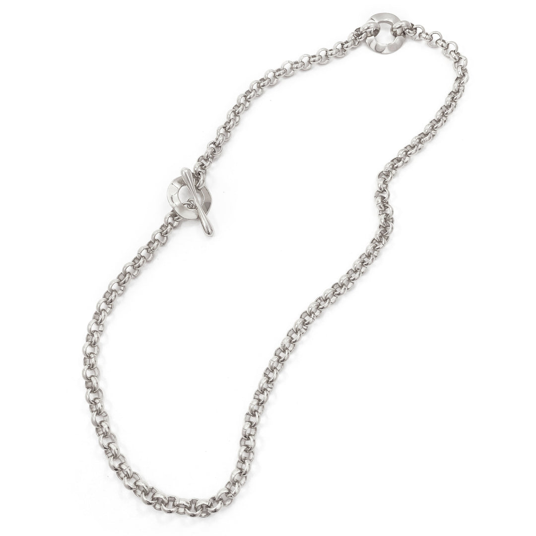 Silver chain necklace with toggle clasp closure laid flat on white background
