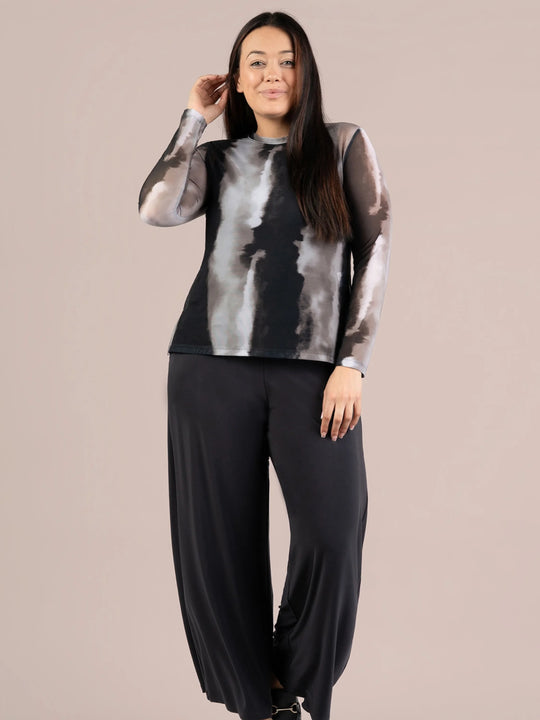 Long-sleeve crewneck tee with vertical watercolor-style print in graphite and light gray