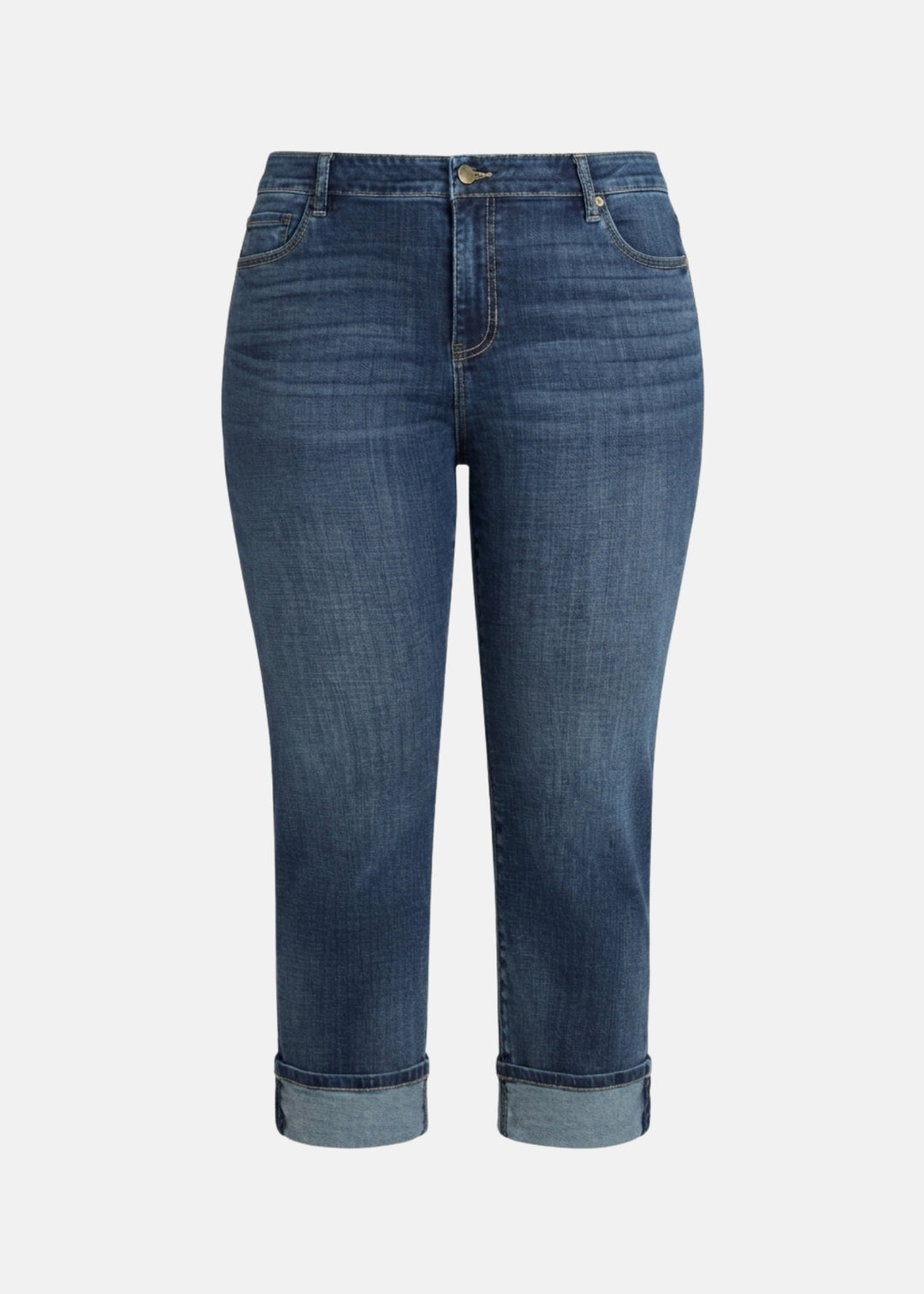 A pair of medium-wash blue denim jeans with rolled cuffs, shown against a plain light gray background.