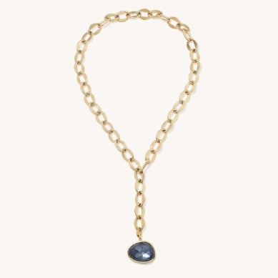 Gold-tone chain necklace with small dark-blue round pendant drop