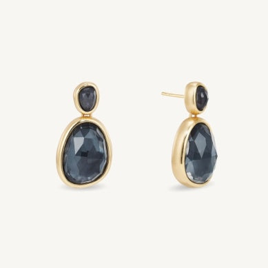 Gold drop earrings with bezel-set faceted dark oval stones and small stud backs