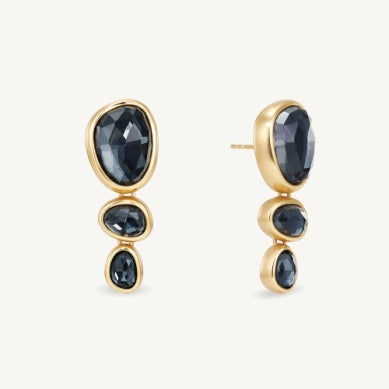 Gold-tone statement earrings with stacked oval dark faceted stones, stud backs