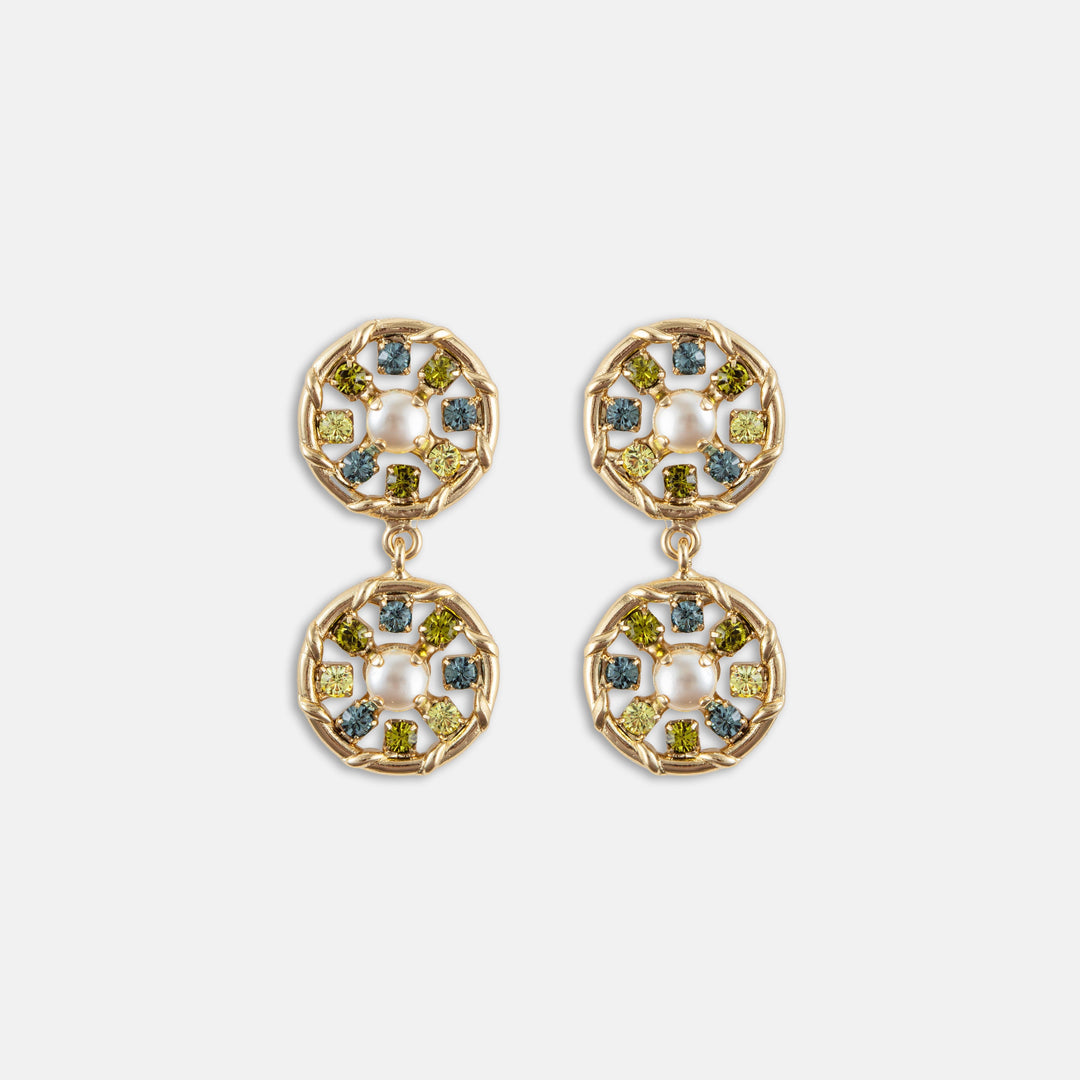 Double circular drop earrings in gold with green crystals and center pearl, product shot