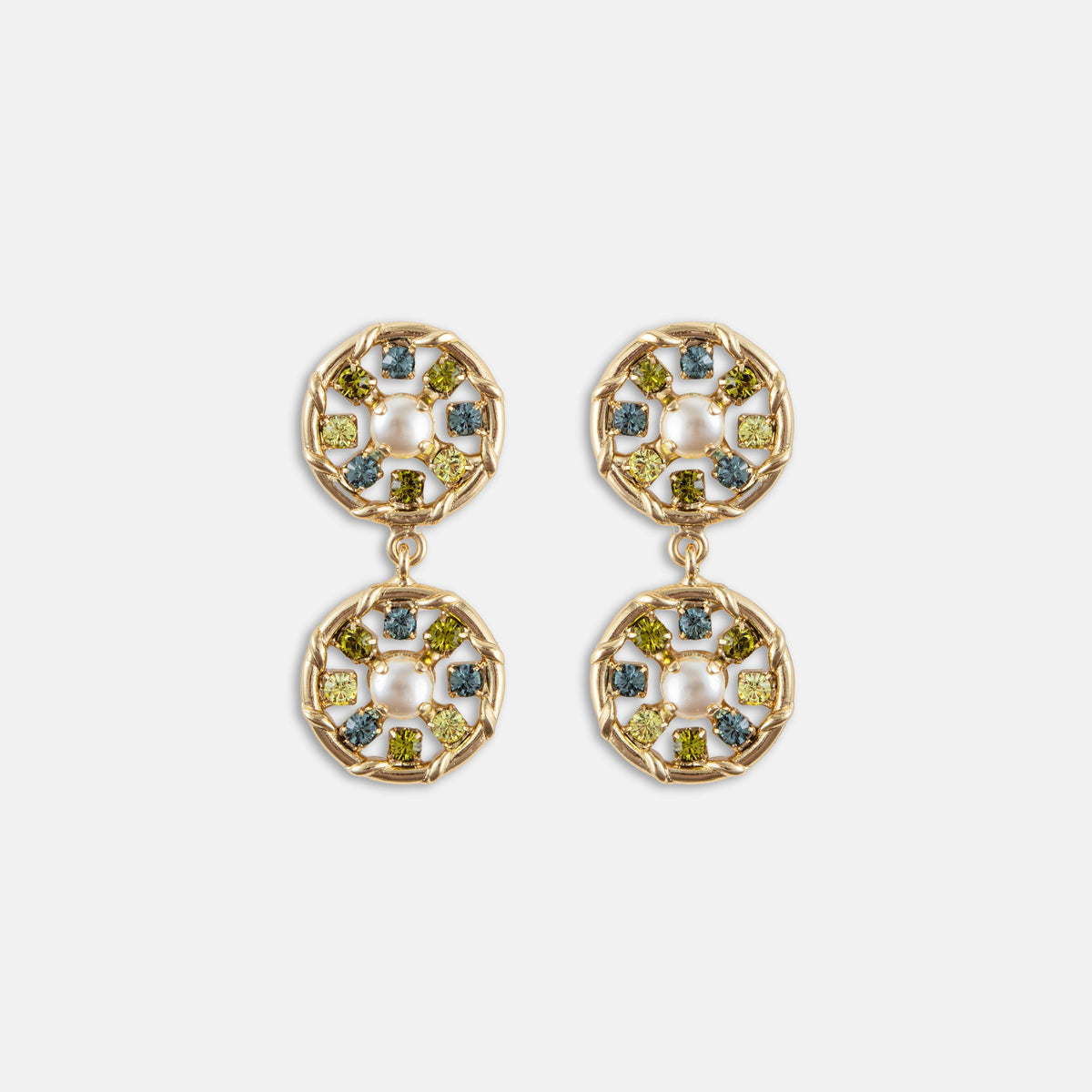 Gold-tone drop earrings with white enamel floral arbor, green accents, blue stones