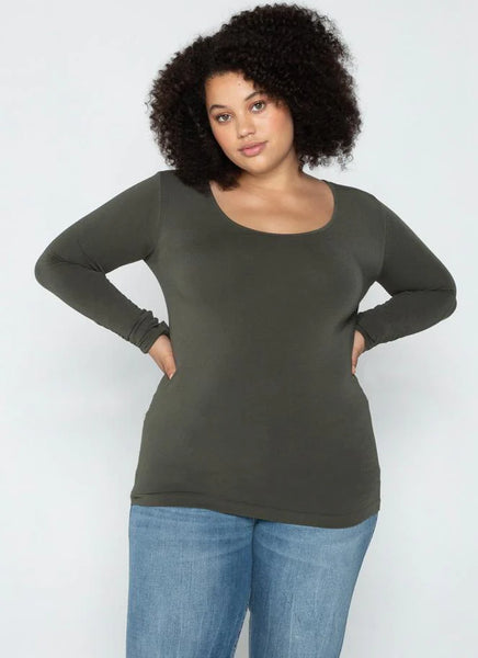C'est Moi Bamboo Long Sleeve Scoop Neck Top in Olive