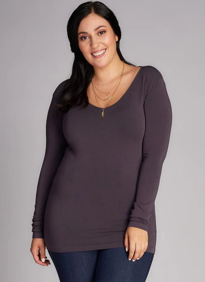 C'est Moi Bamboo Long Sleeve V-Neck Top in Charcoal