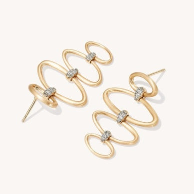 Gold-tone statement earrings with spiral loops and white CZ stones, drop design.
