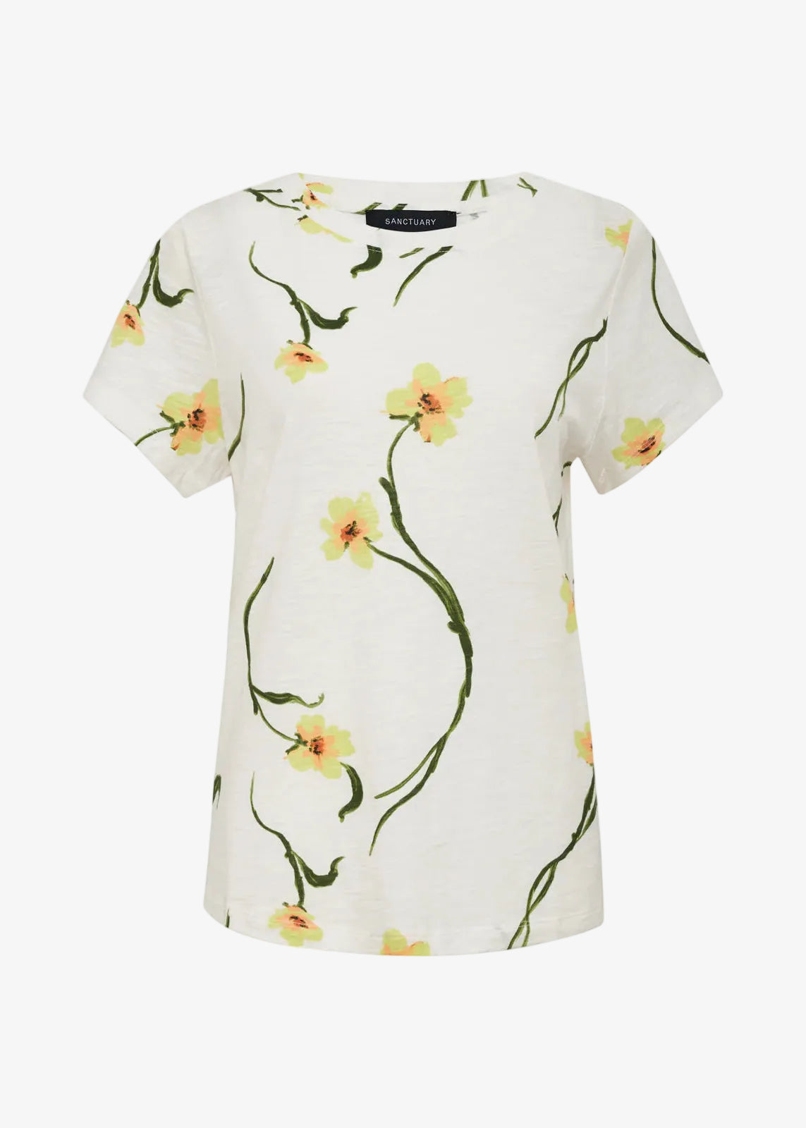 White t-shirt with floral pattern on a white background