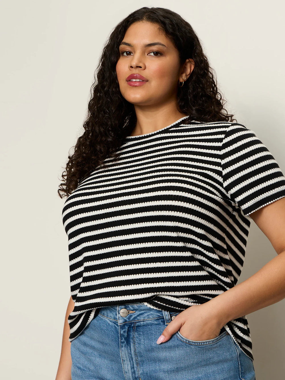 Sanctuary Easy Does it Crochet Striped Tee in Black Chalk Stripe