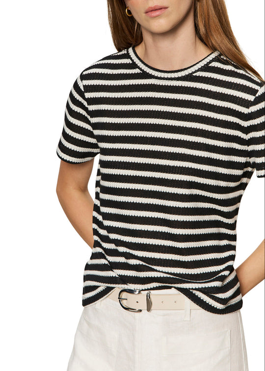 Sanctuary Easy Does it Crochet Striped Tee in Black Chalk Stripe