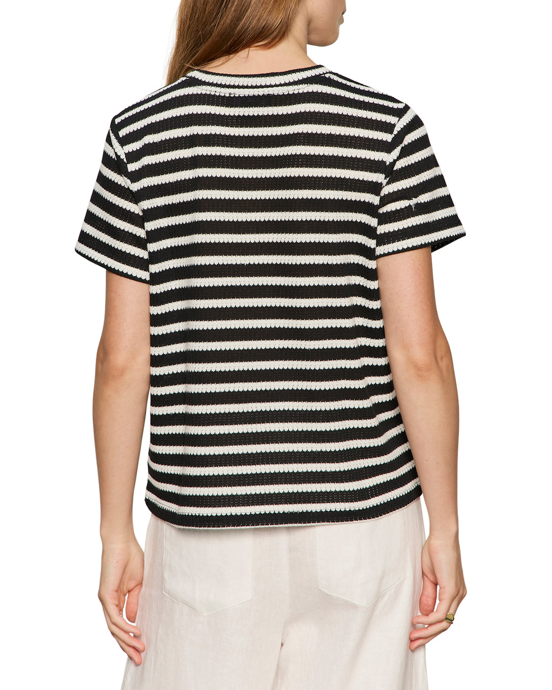 Sanctuary Easy Does it Crochet Striped Tee in Black Chalk Stripe