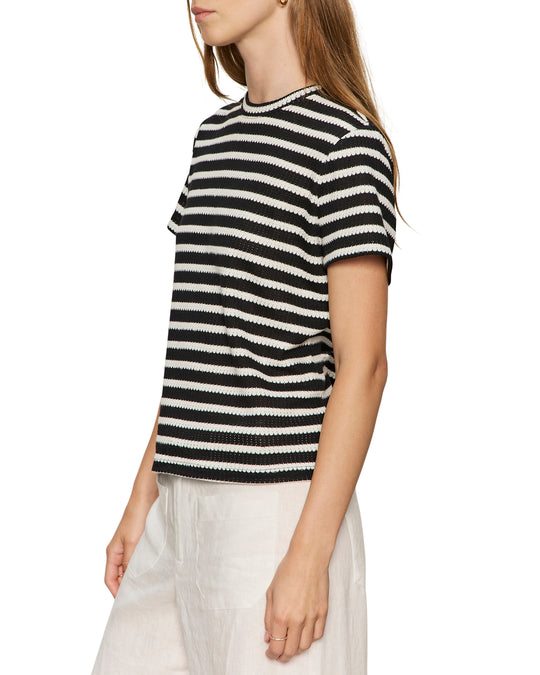 Sanctuary Easy Does it Crochet Striped Tee in Black Chalk Stripe