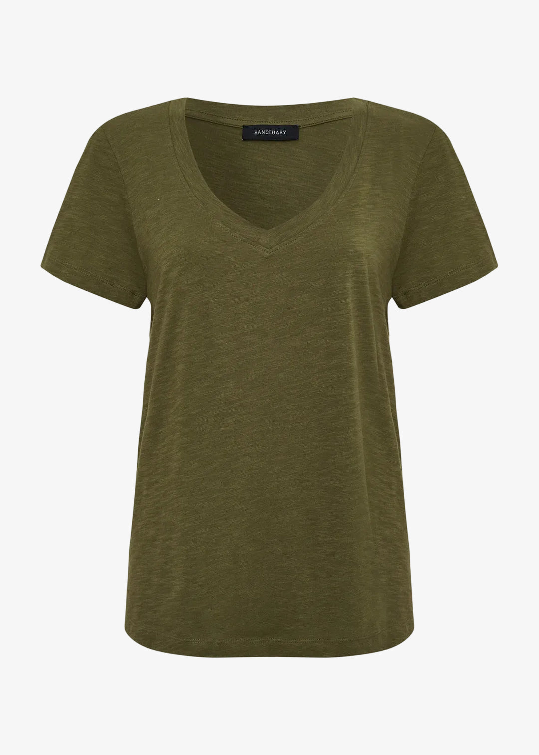 Green t-shirt with a visible brand label on a white background