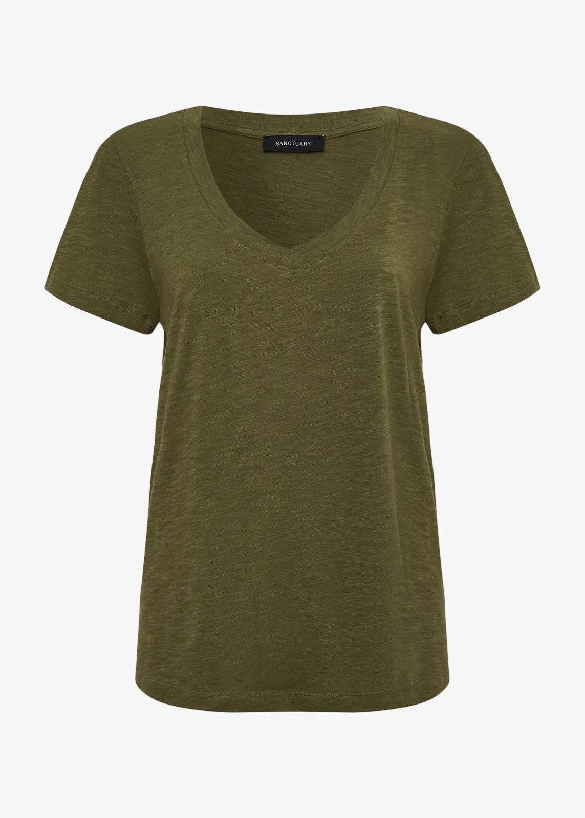 Sanctuary soft v-neck tee in burnt olive, short sleeves, front view