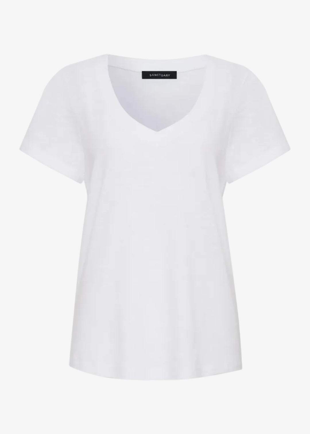 White t-shirt with a brand label on a white background