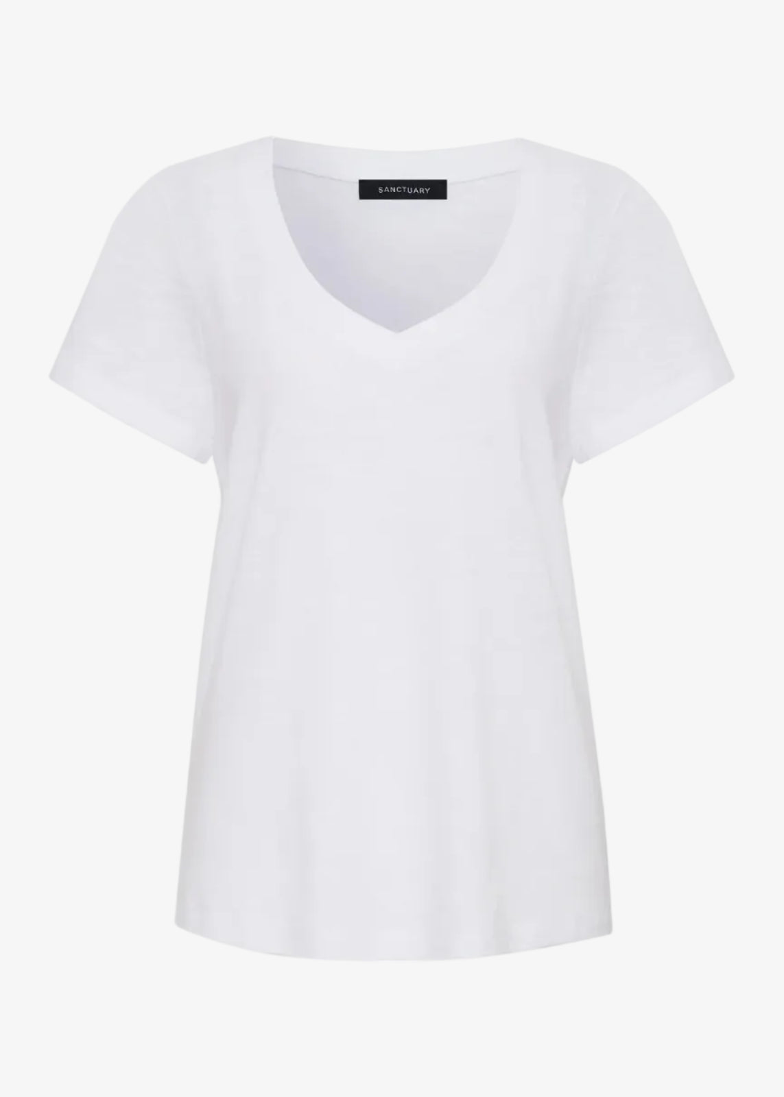 White t-shirt with a brand label on a white background