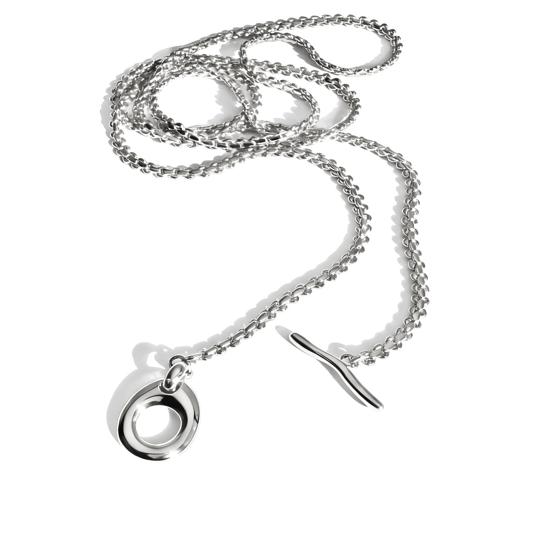 Silver chain necklace with circular pendant and toggle clasp closure