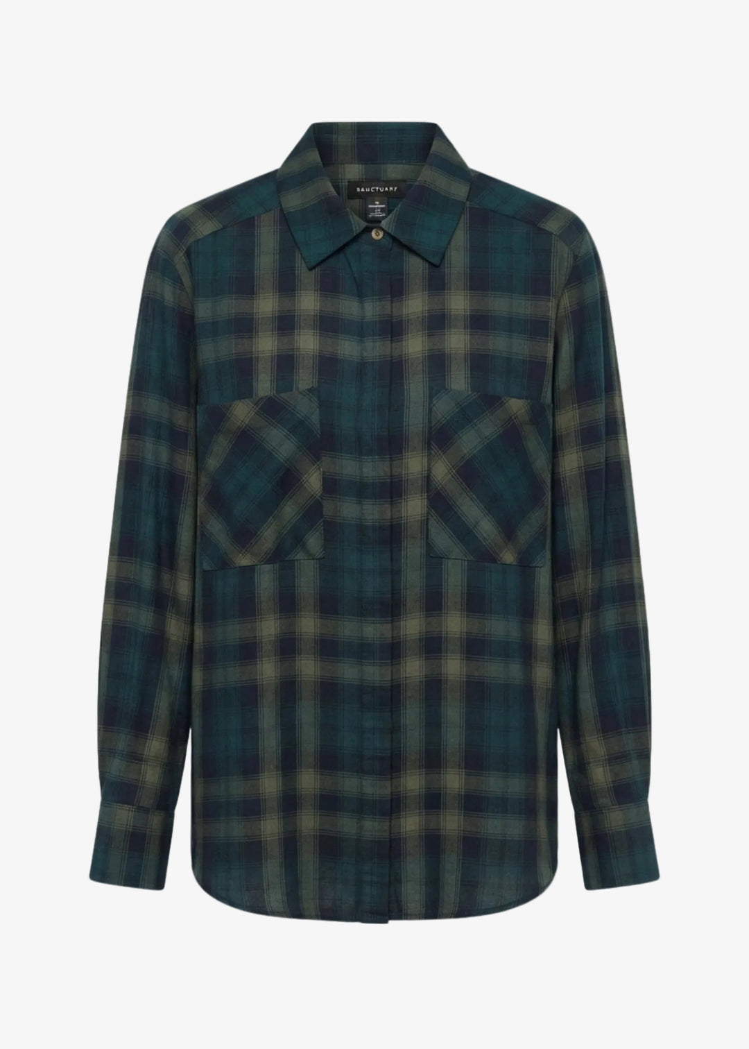 A long-sleeve button-up shirt with a dark green and black plaid pattern, featuring two chest pockets and a pointed collar, shown against a plain white background.