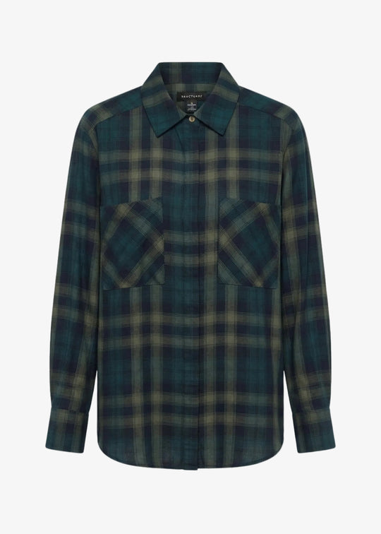 A long-sleeve button-up shirt with a dark green and black plaid pattern, featuring two chest pockets and a pointed collar, shown against a plain white background.