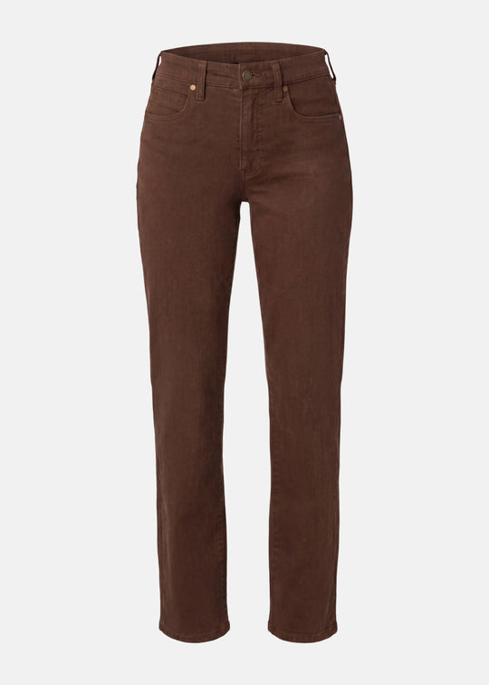 A pair of dark brown straight-leg jeans shown on a clean, light gray background.