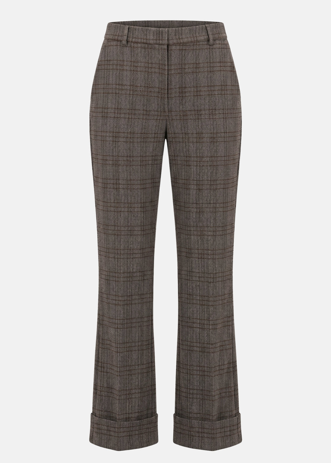 A pair of women's cropped trousers in a brown and gray plaid pattern, featuring a straight-to-flared leg and rolled cuffs, shown against a plain light gray background.