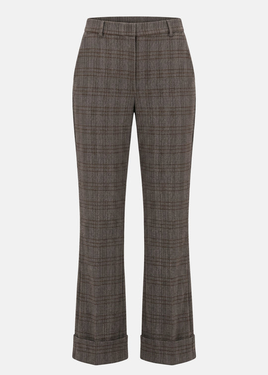 A pair of women's cropped trousers in a brown and gray plaid pattern, featuring a straight-to-flared leg and rolled cuffs, shown against a plain light gray background.