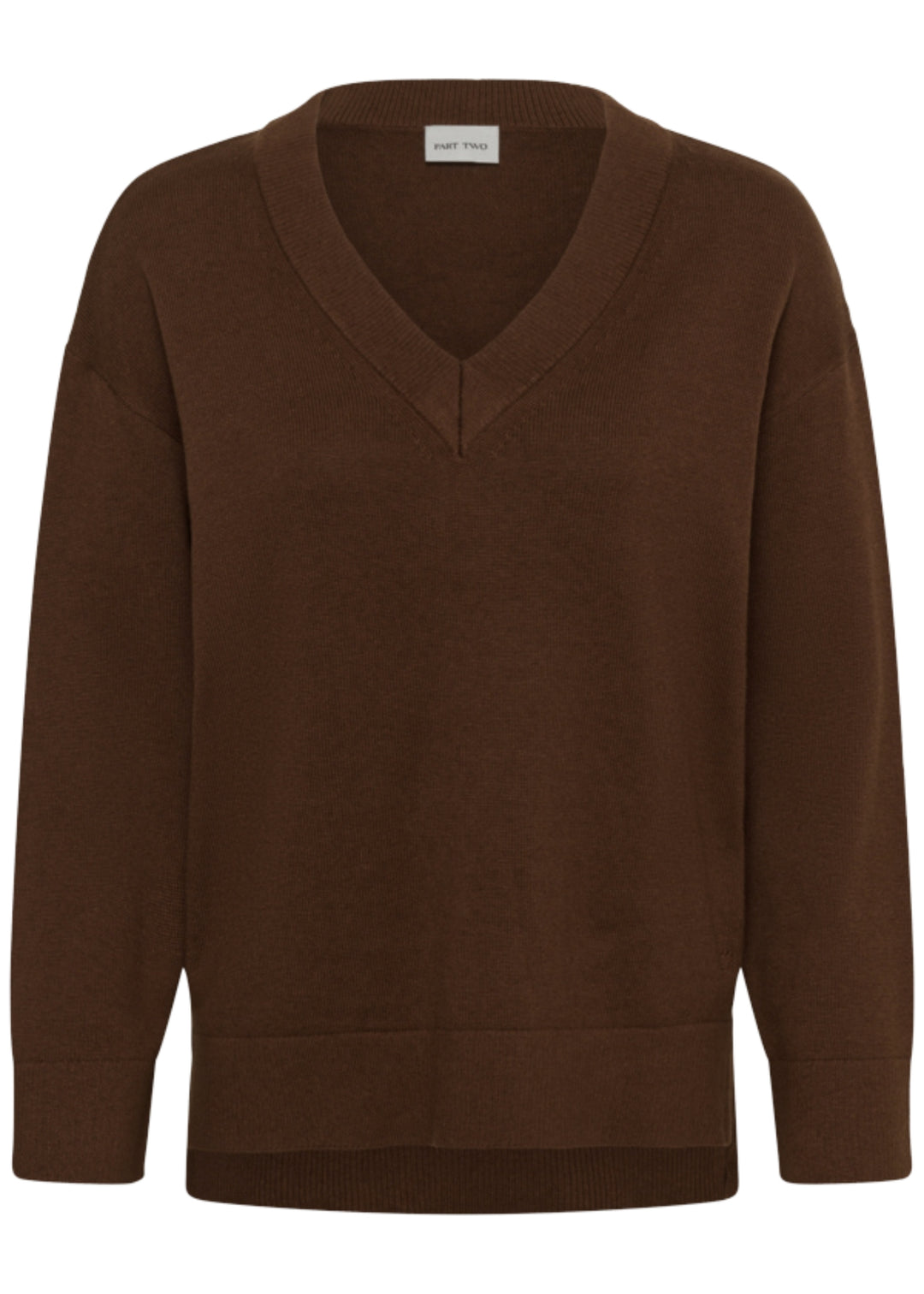 A dark brown V-neck knit sweater with long sleeves and ribbed cuffs and hem, shown against a plain white background.