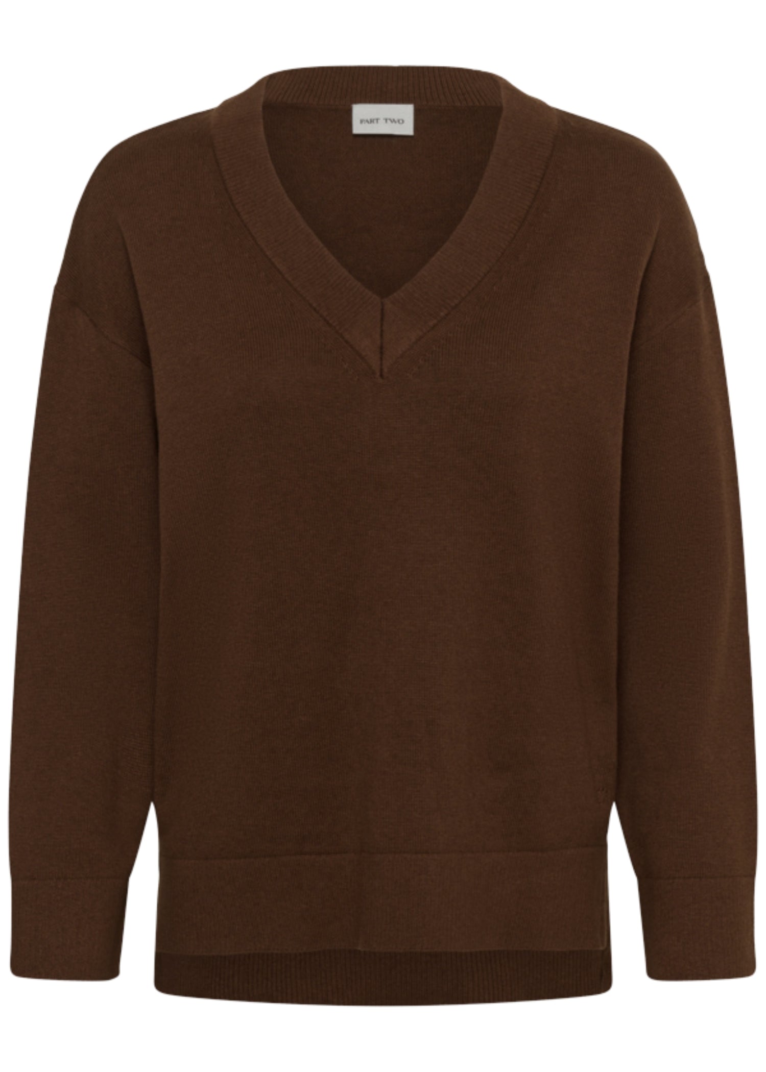 A dark brown V-neck knit sweater with long sleeves and ribbed cuffs and hem, shown against a plain white background.