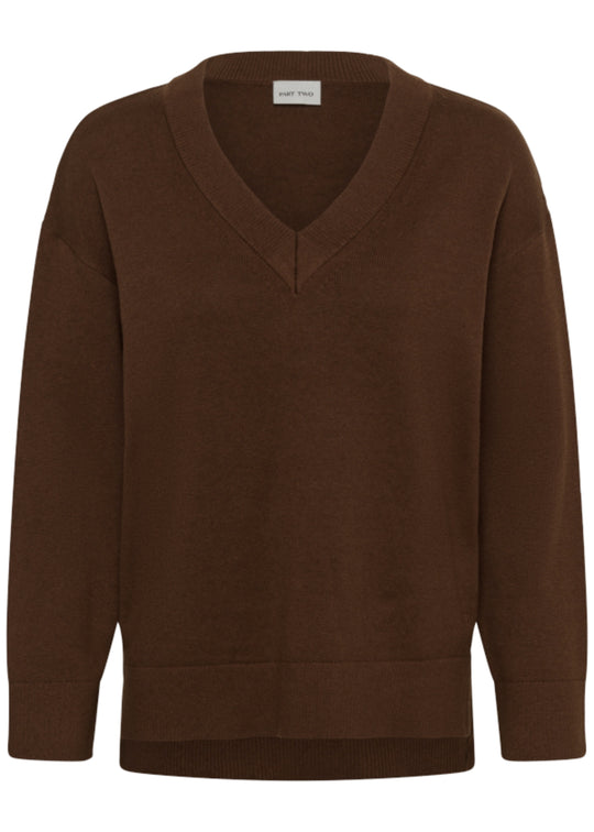 A dark brown V-neck knit sweater with long sleeves and ribbed cuffs and hem, shown against a plain white background.