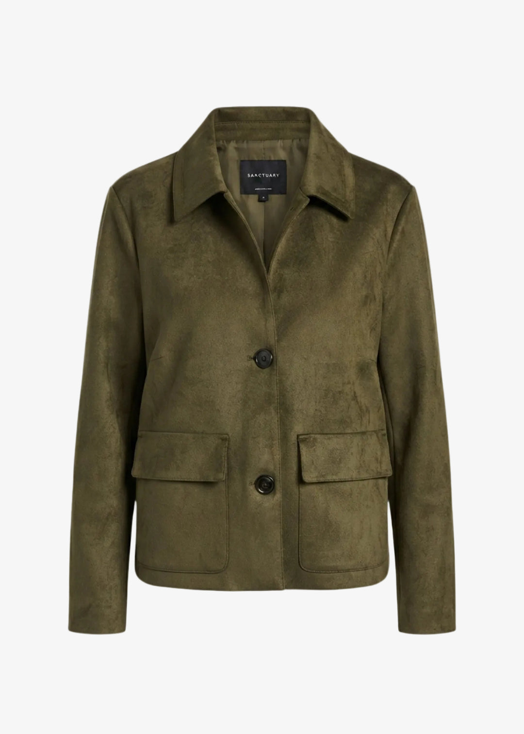 An olive green suede jacket with a collar, two front buttons, and two large flap pockets, shown on a plain white background.