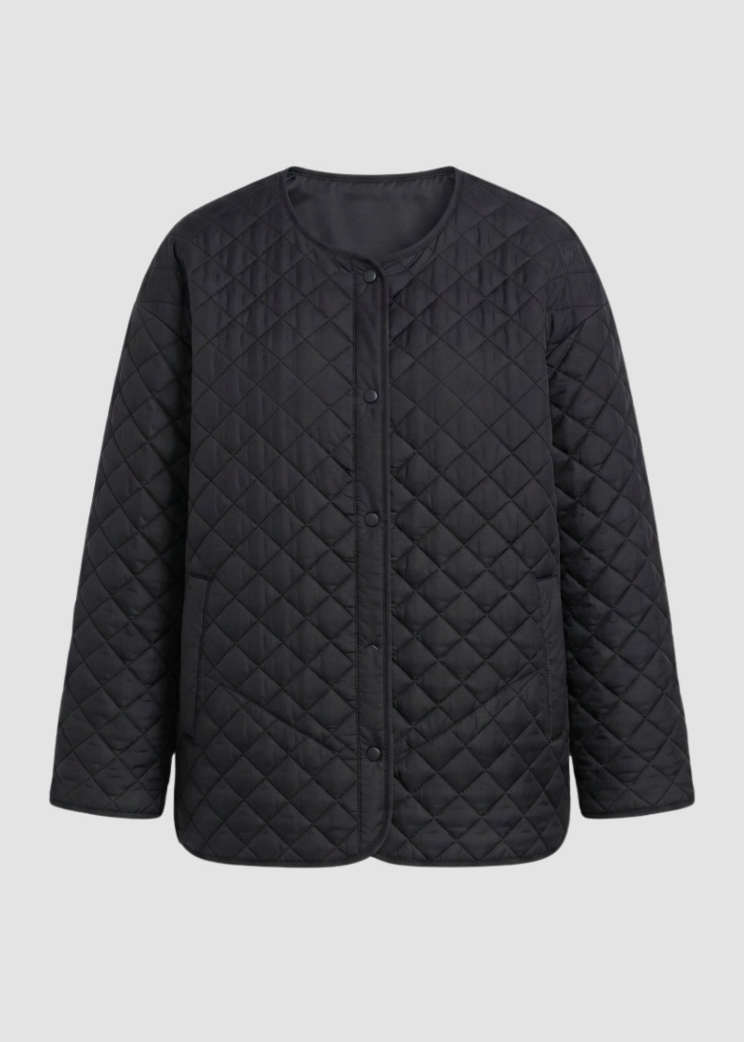 Eileen Fisher Eggshell Recycled Nylon Round Neck Quilted Short Coat in Black