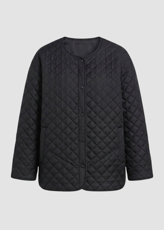 Eileen Fisher Eggshell Recycled Nylon Round Neck Quilted Short Coat in Black