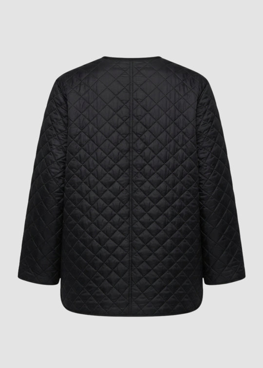 Eileen Fisher Eggshell Recycled Nylon Round Neck Quilted Short Coat in Black
