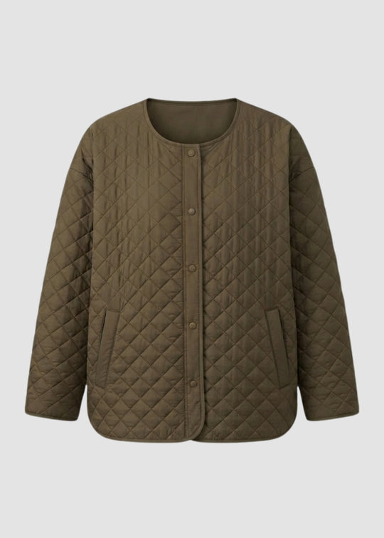 Eileen Fisher Eggshell Recycled Nylon Round Neck Quilted Short Coat in Cobblestone