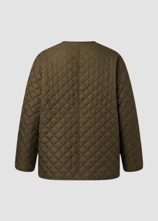 Eileen Fisher Eggshell Recycled Nylon Round Neck Quilted Short Coat in Cobblestone