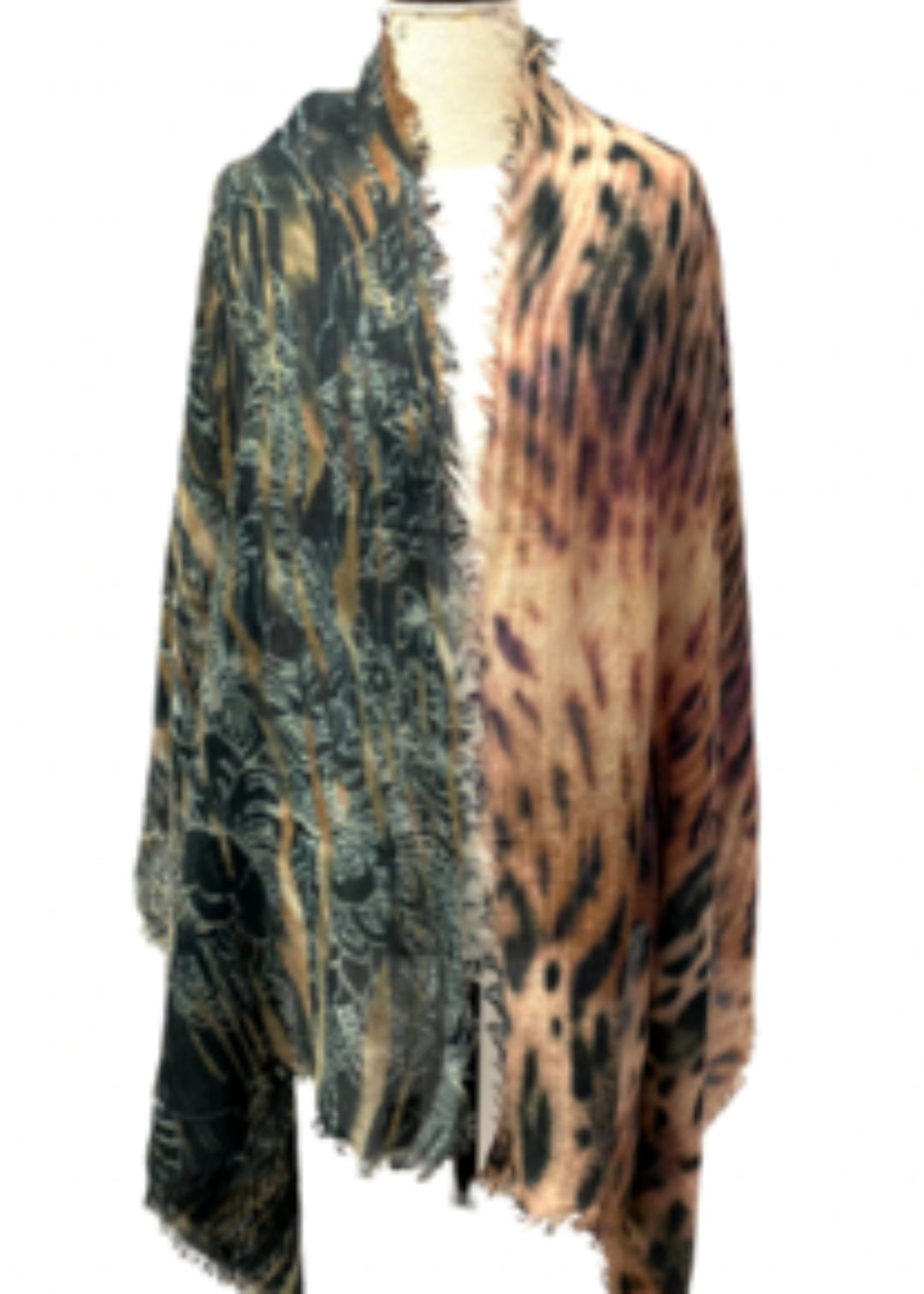 Luv & Co Animal Print Wool and Silk Scarf in Brown and Green
