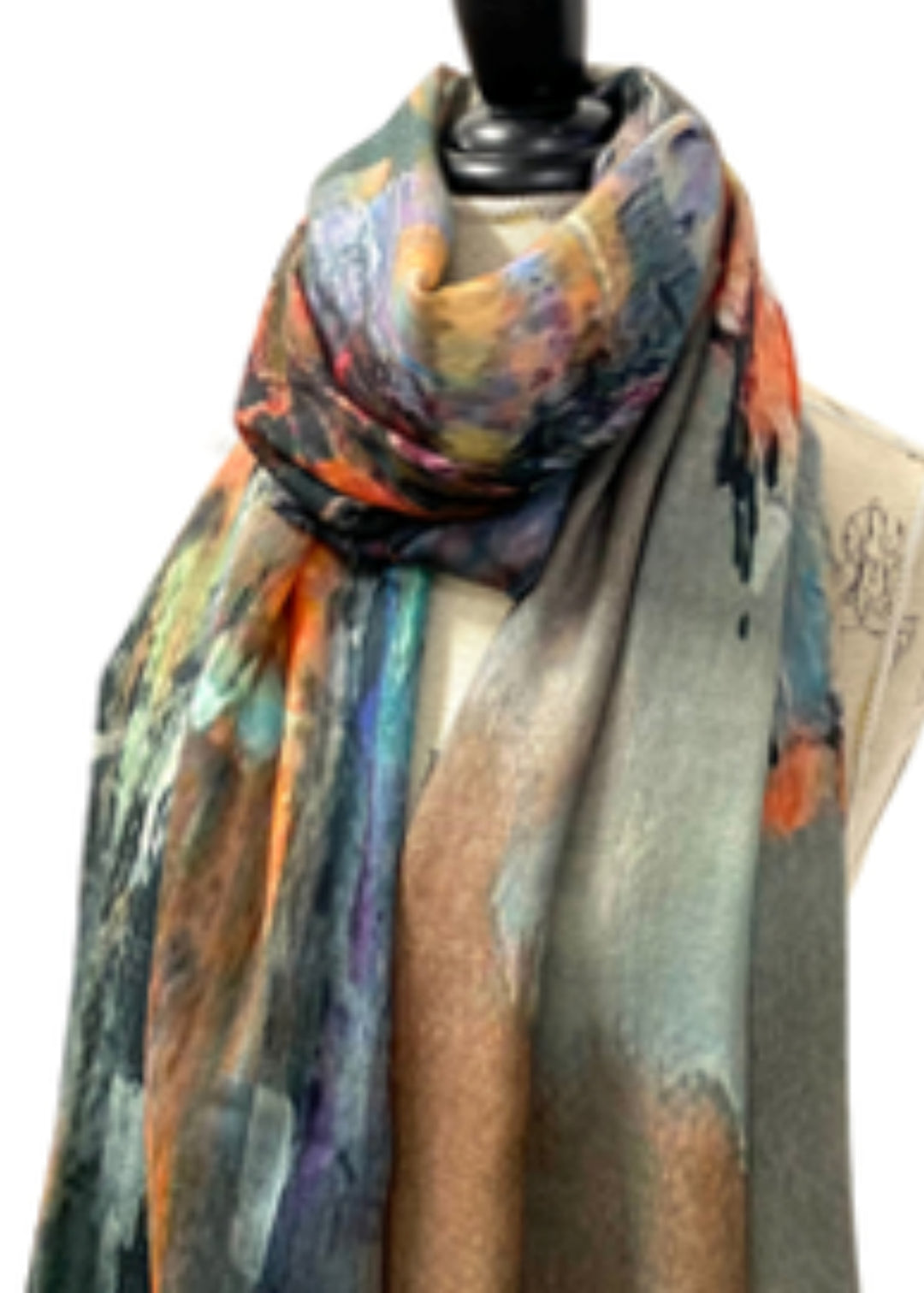 Luv & Co wool and silk scarf, multicolor abstract pattern in beige, green, blue, orange