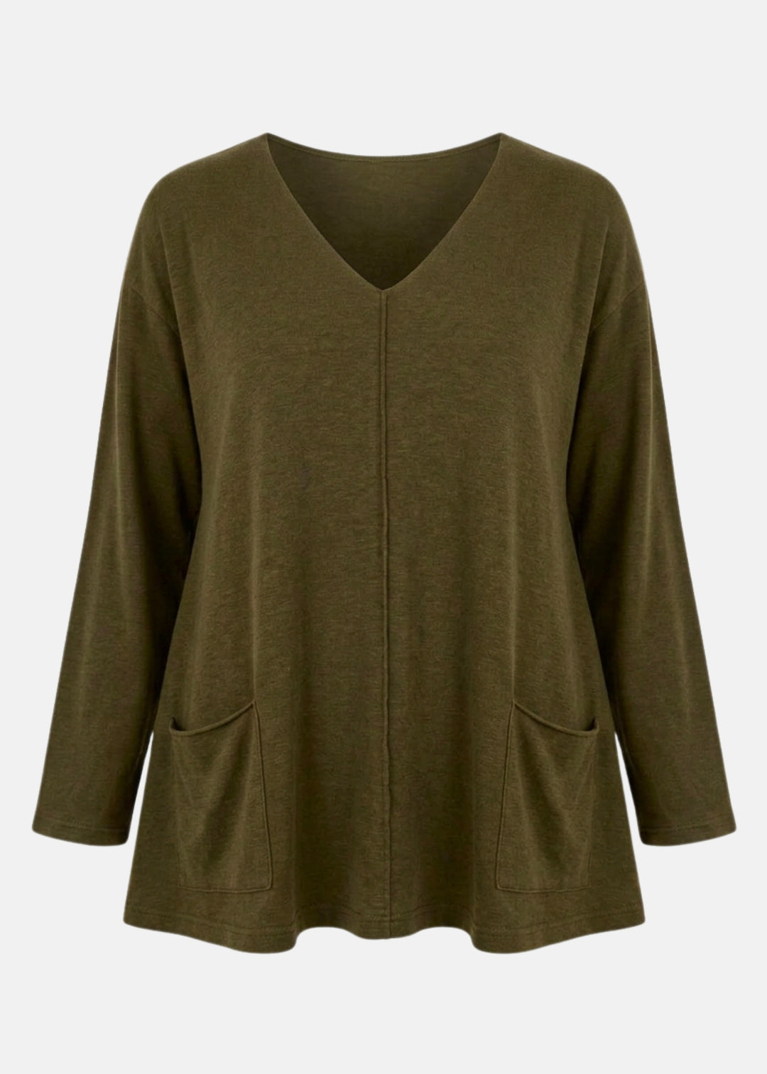 Olive V-neck long-sleeve pullover shirt with side pockets