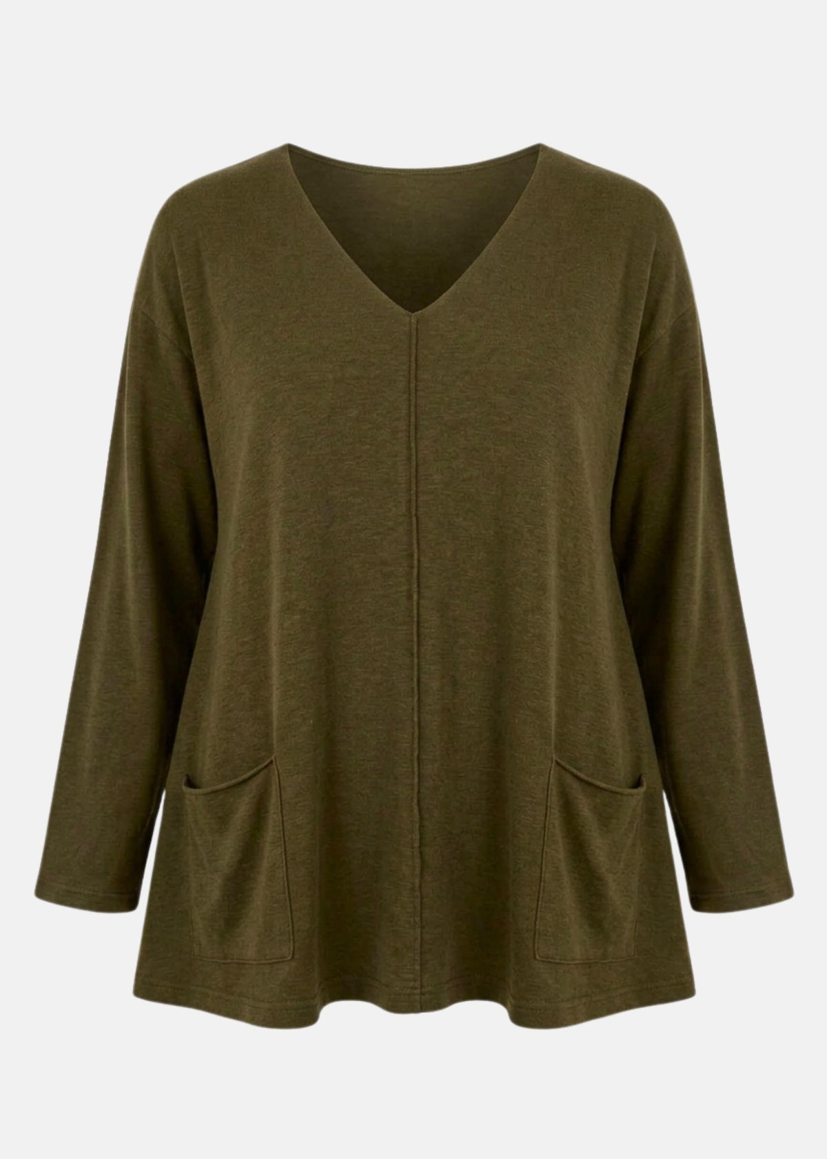 Olive V-neck long-sleeve pullover shirt with side pockets