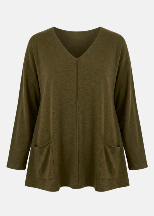 Olive V-neck long-sleeve pullover shirt with side pockets
