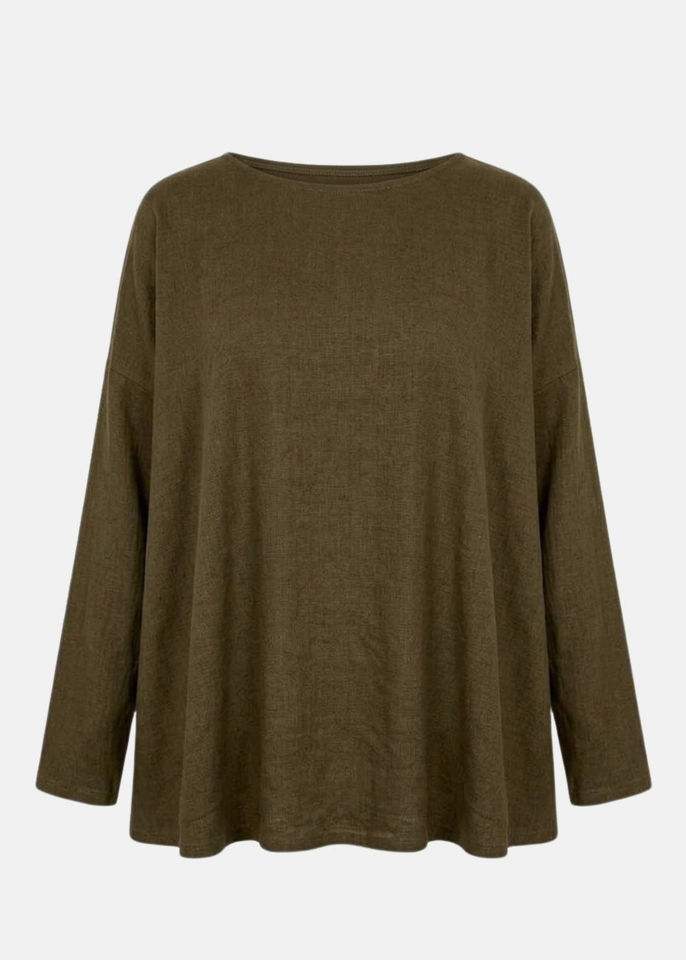Olive long-sleeve pullover shirt with round neckline