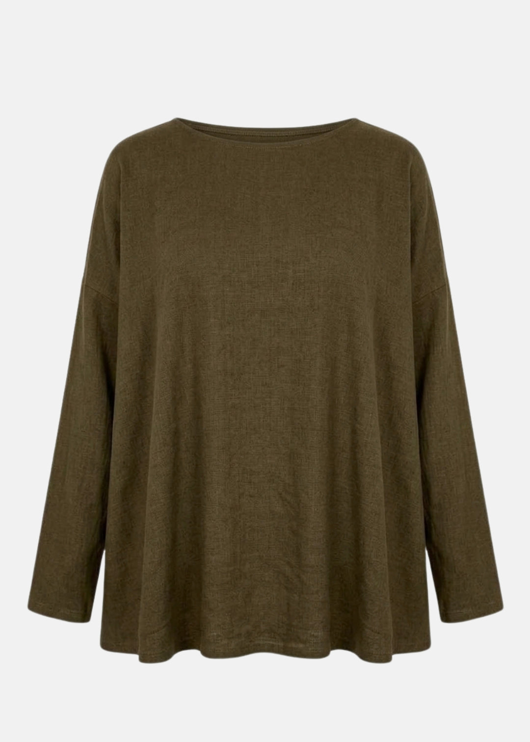 Olive long-sleeve pullover shirt with round neckline