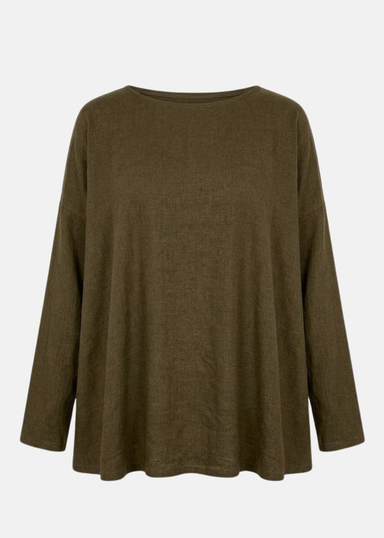 Olive long-sleeve pullover shirt with round neckline