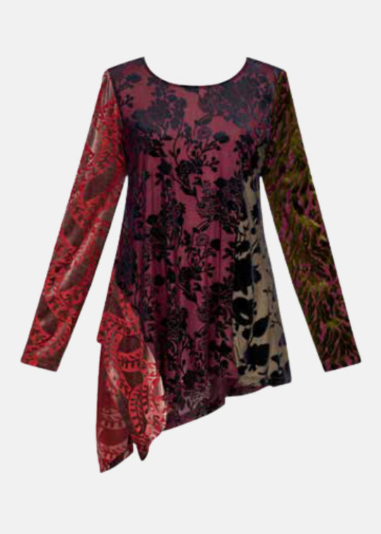 Alembika Burnout Velvet Floral Asymmetrical Hem Tunic in Regal
