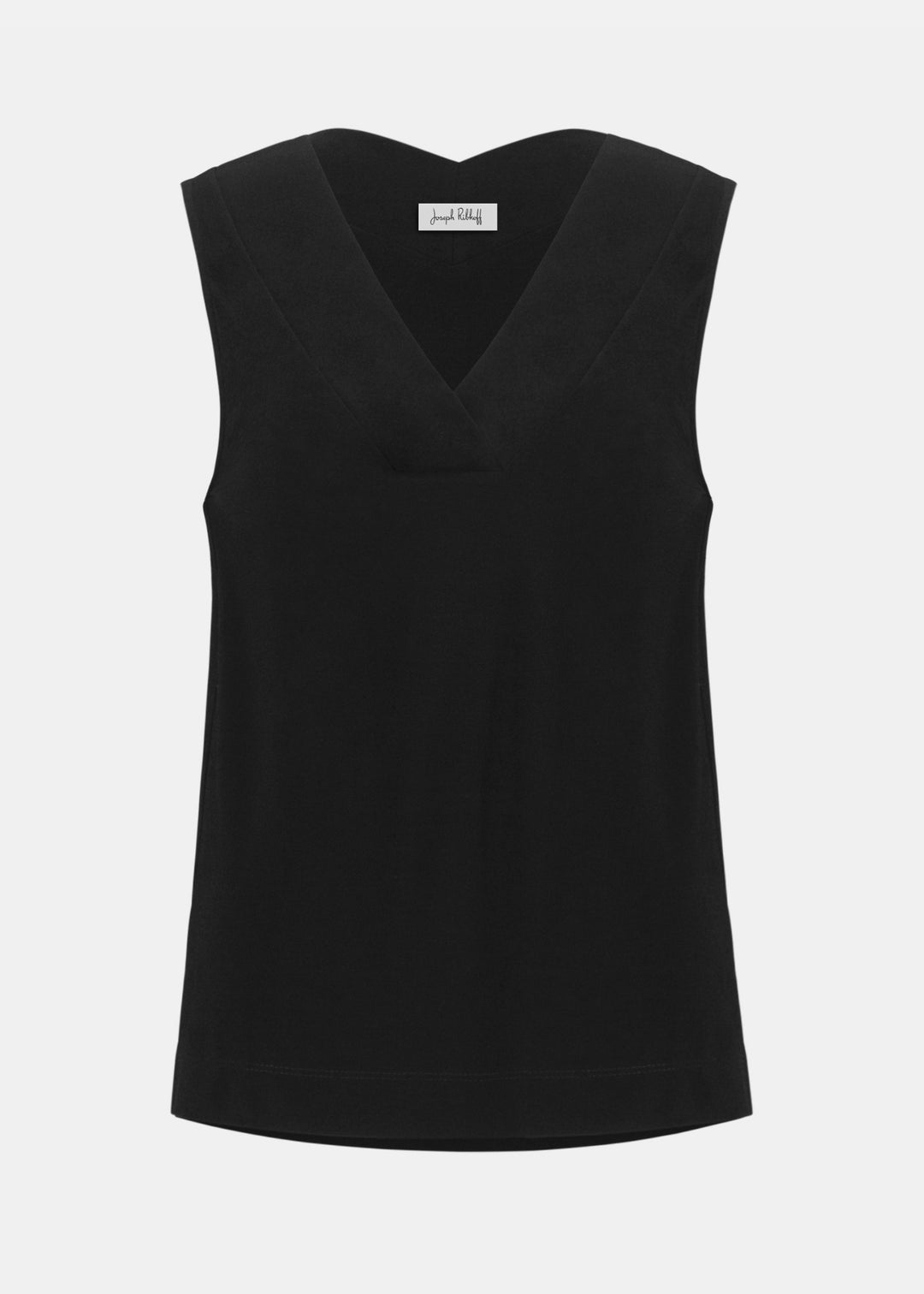 Joseph Ribkoff black sleeveless knit V-neck top, flat lay