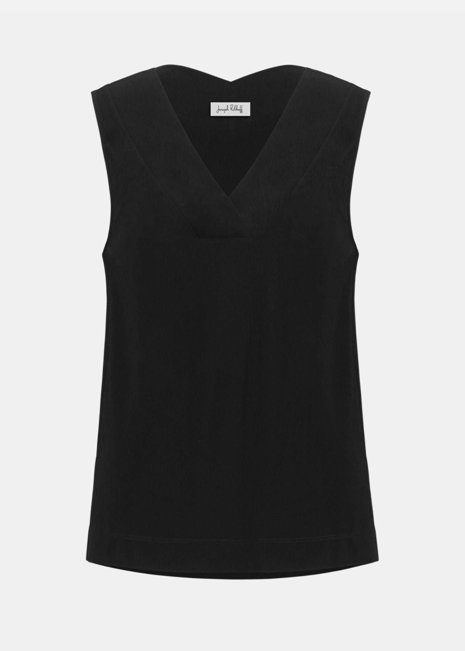 Joseph Ribkoff black sleeveless knit V-neck top, flat lay