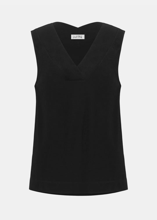 Joseph Ribkoff black sleeveless knit V-neck top, flat lay