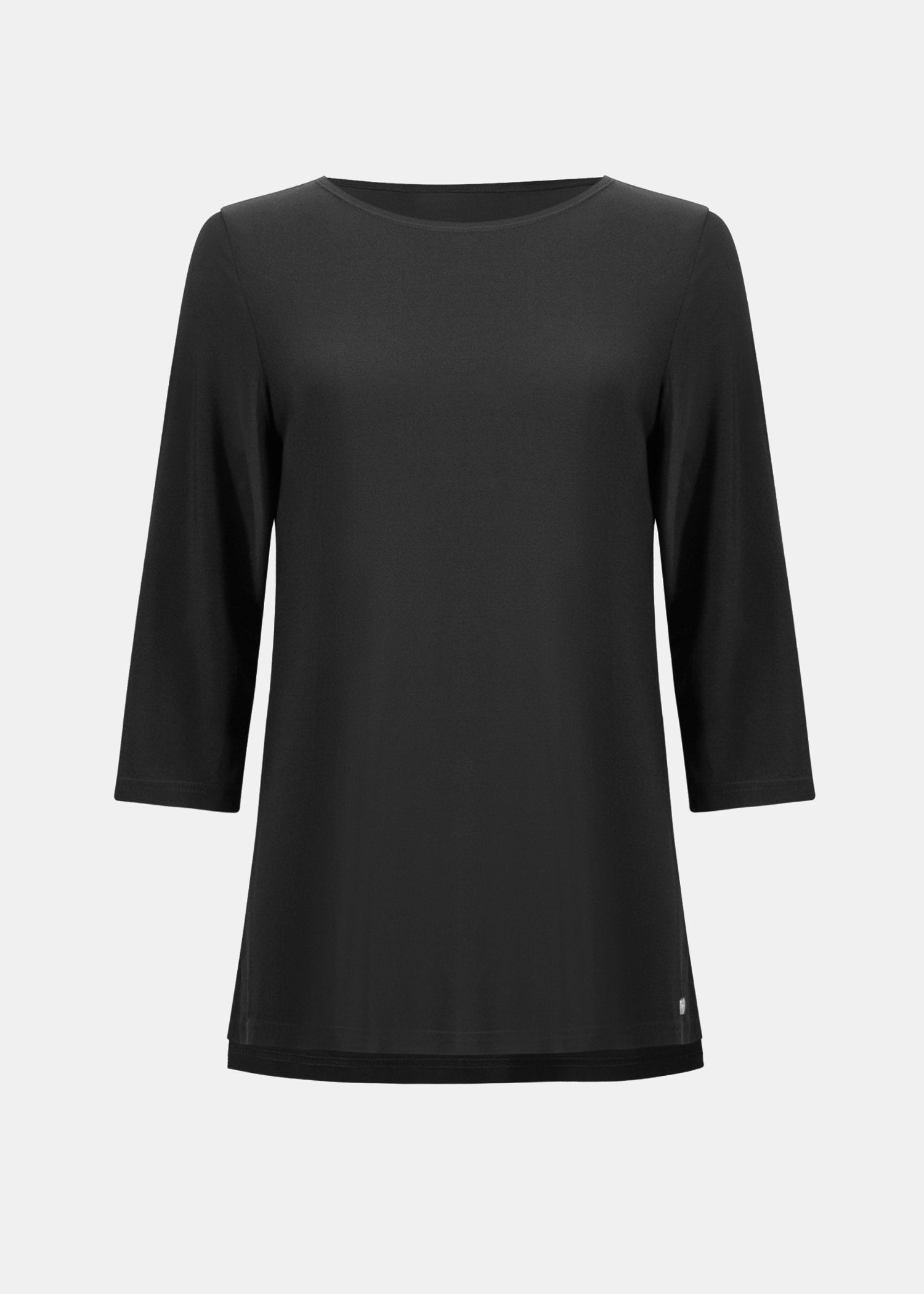 Black silky knit tunic with round neckline, 3/4 sleeves and straight hem